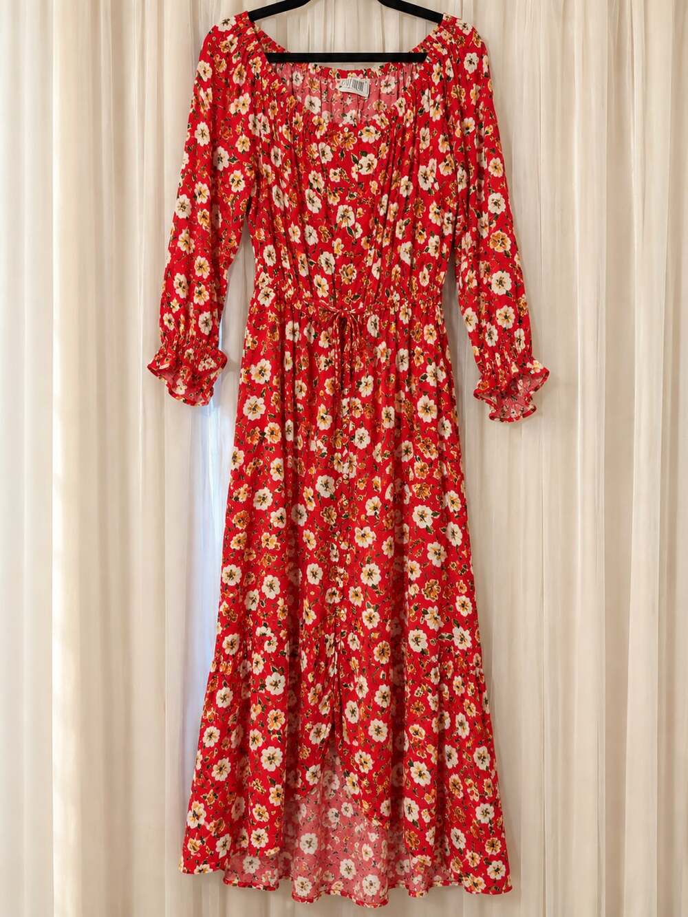 Just Found Floral Midi Dress Size 1X Red Long Sleeve Tie Front
